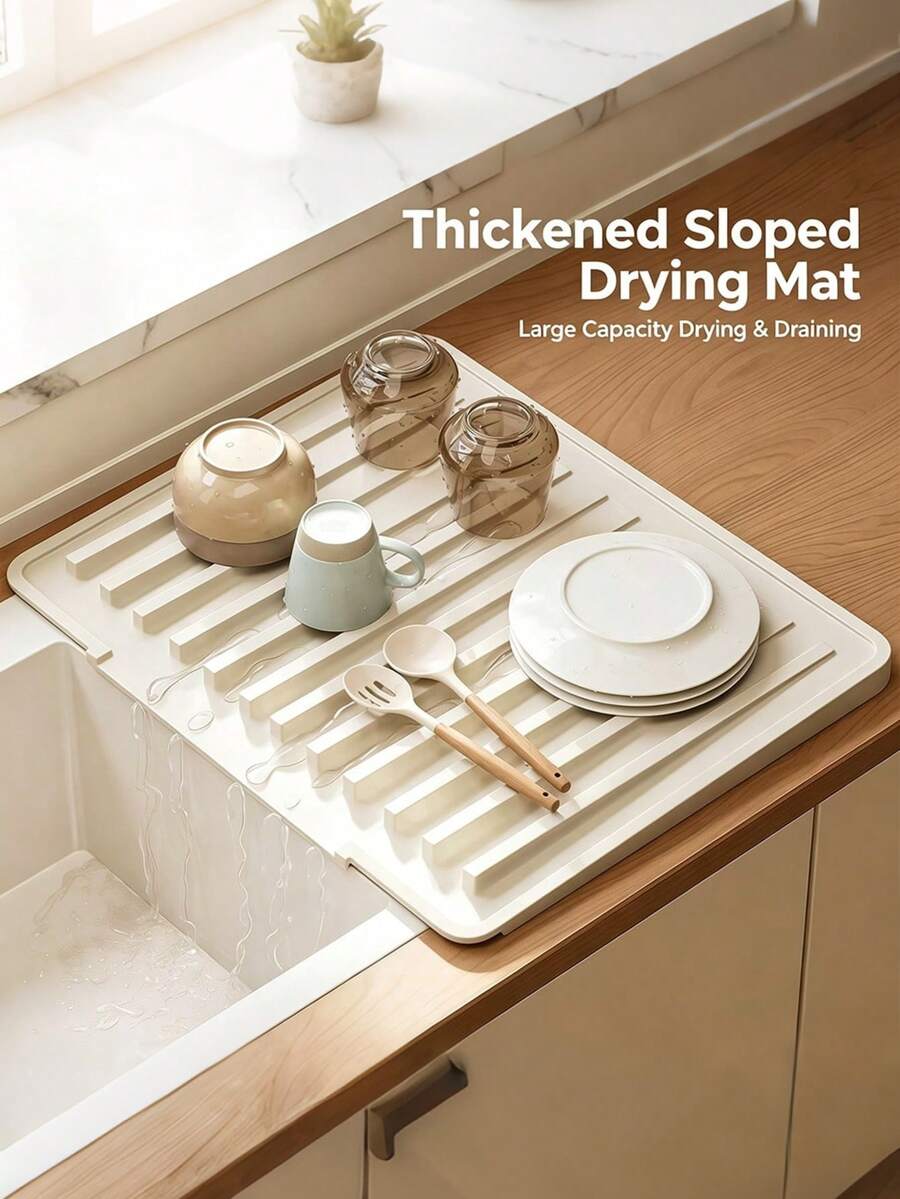 2/1 buah Alas Pengering Piring Dapur, Baki Pengering Anti Selip Kapasitas Besar dengan Desain Saluran Pembuangan, Baki Air Meja Tebal, Cocok untuk Piring, Gelas, dan Persiapan Makanan, Organizer Penyimpanan Wastafel Gaya Krem, Aksesori Dapur