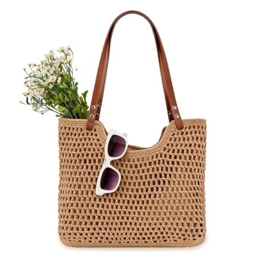 Women's Woven Tote Bag, Lightweight Crochet Beach Bag, Elegant Bohemian Handbag, Large Boho Summer Casual Shoulder Bag, Travel Bag With Zipper, For Vacation, Beach And - 卡其色 - 查看 1