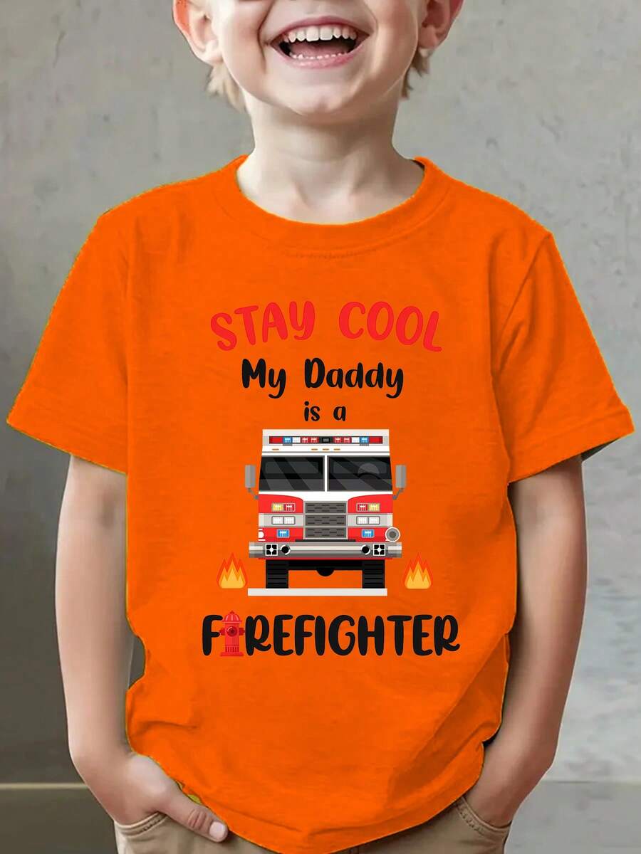 Summer Fashion Short Sleeve T-Shirt For Kids "STAY COOL My Daddy Is A FIREFIGHTER" With Fire Truck Cartoon Print, Casual Outdoor Top NY-DX9673 - 酒紅色 - 查看 1