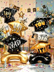A Set Of Three Stackable Graduation Caps And A Standing Graduation Cap. Suitable For Graduation Celebrations, Themed Parties, Commemorative Events, Venue Decoration, Table Decorations, Backdrop Displays, And As Photo Props, - Graduation-themed Aluminum Foil Balloon Set - View 1