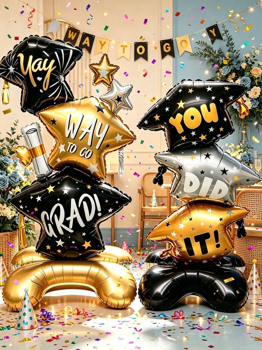 A Set Of Three Stackable Graduation Caps And A Standing Graduation Cap. Suitable For Graduation Celebrations, Themed Parties, Commemorative Events, Venue Decoration, Table Decorations, Backdrop Displays, And As Photo Props, - Graduation-themed Aluminum Foil Balloon Set - View 1
