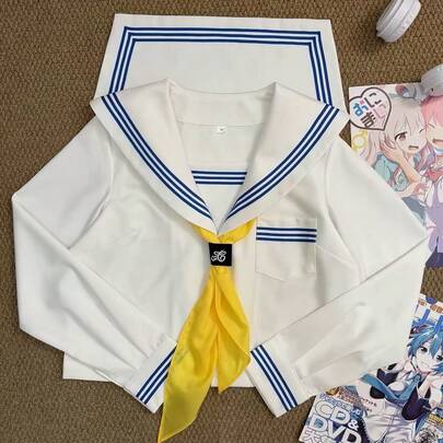 【新作】セーラー服 上下セット 制服風 レディース 夏服 半袖 プリーツスカート ネイビー×ホワイト 黄色スカーフ付き ガーリー スクール風 コスプレ 学園祭 文化祭 イベント 撮影用 ルームウェア 可愛い おしゃれ