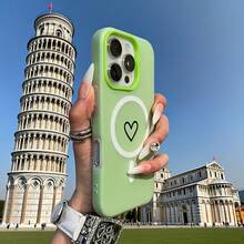 Phone Case - A Minimalist Heart Design, A Two-In-One Magnetic Wireless Charging Phone Case With A Jelly-Like Feel In Pastel Colors, Suitable For Halloween, New Year, Christmas, And Easter Gifts, Perfect For Family And Friends - 綠色 - 查看 1