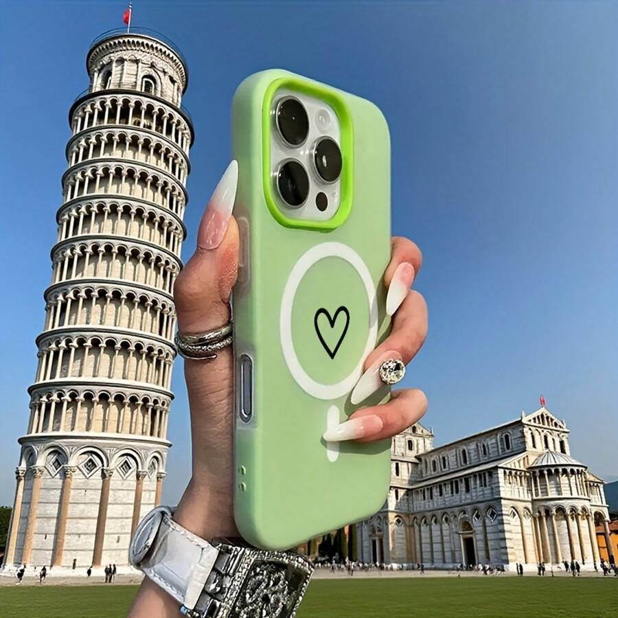 Phone Case - A Minimalist Heart Design, A Two-In-One Magnetic Wireless Charging Phone Case With A Jelly-Like Feel In Pastel Colors, Suitable For Halloween, New Year, Christmas, And Easter Gifts, Perfect For Family And Friends - 綠色 - 查看 1