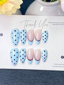 10 pièces d'ongles à coller faits main, ongles, faux ongles, ongles courts, acrylique à coller, ongles d'été, ongles roses, ongles bleus avec pois marron foncé peints à la main, parfaits pour le port quotidien, les sorties à la plage et les occasions de rendez-vous décontractés. - Bleu ciel - Voir 13