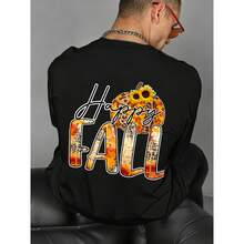 Hombre, Diseño de Calabaza y Girasoles, Camiseta, Estampado Happy Fall en Naranja y Marrón, Cuello Redondo y Manga Larga, Otoño Casual - Negro - Ver 1