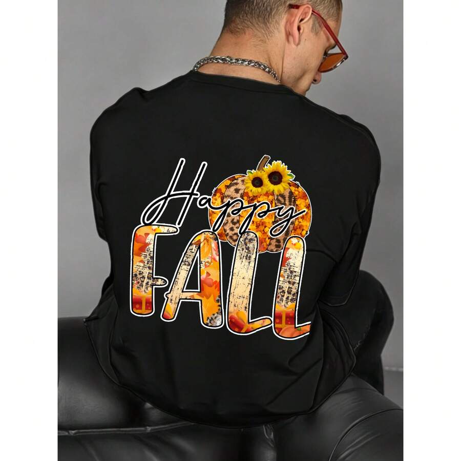 Hombre, Diseño de Calabaza y Girasoles, Camiseta, Estampado Happy Fall en Naranja y Marrón, Cuello Redondo y Manga Larga, Otoño Casual - Negro - Ver 1