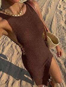 Women's Summer 2026 New Bohemian Sexy Hollow Out Casual Sheer Sleeveless Slim Fit Flattering Backless Design Long Dress Vacation Beach - Chocolate Brown - View 2