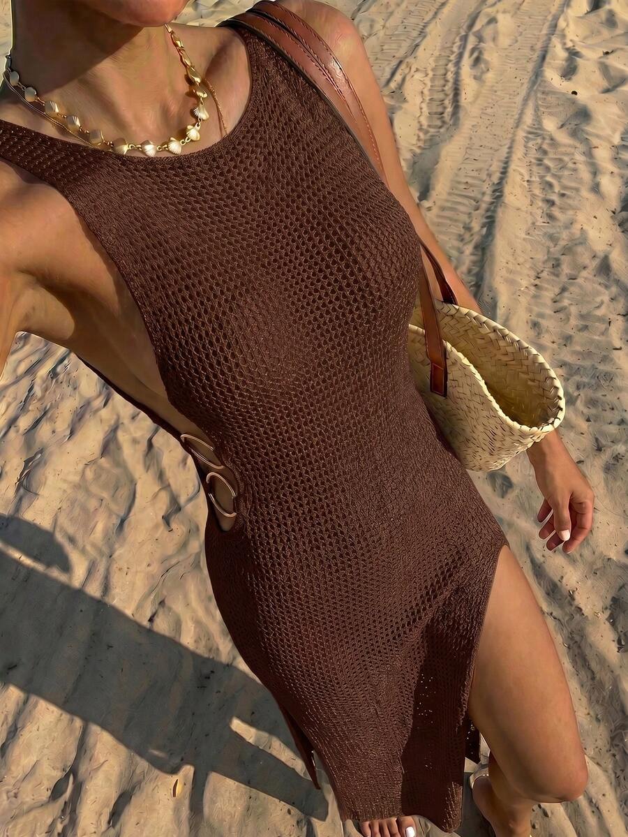 Women's Summer 2026 New Bohemian Sexy Hollow Out Casual Sheer Sleeveless Slim Fit Flattering Backless Design Long Dress Vacation Beach