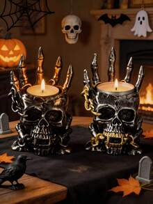 1 pieza Portavelas de esqueleto de Halloween con garra de bruja y lámpara de llama, decoración estética para fiestas espeluznantes y el hogar - A - Ver 1