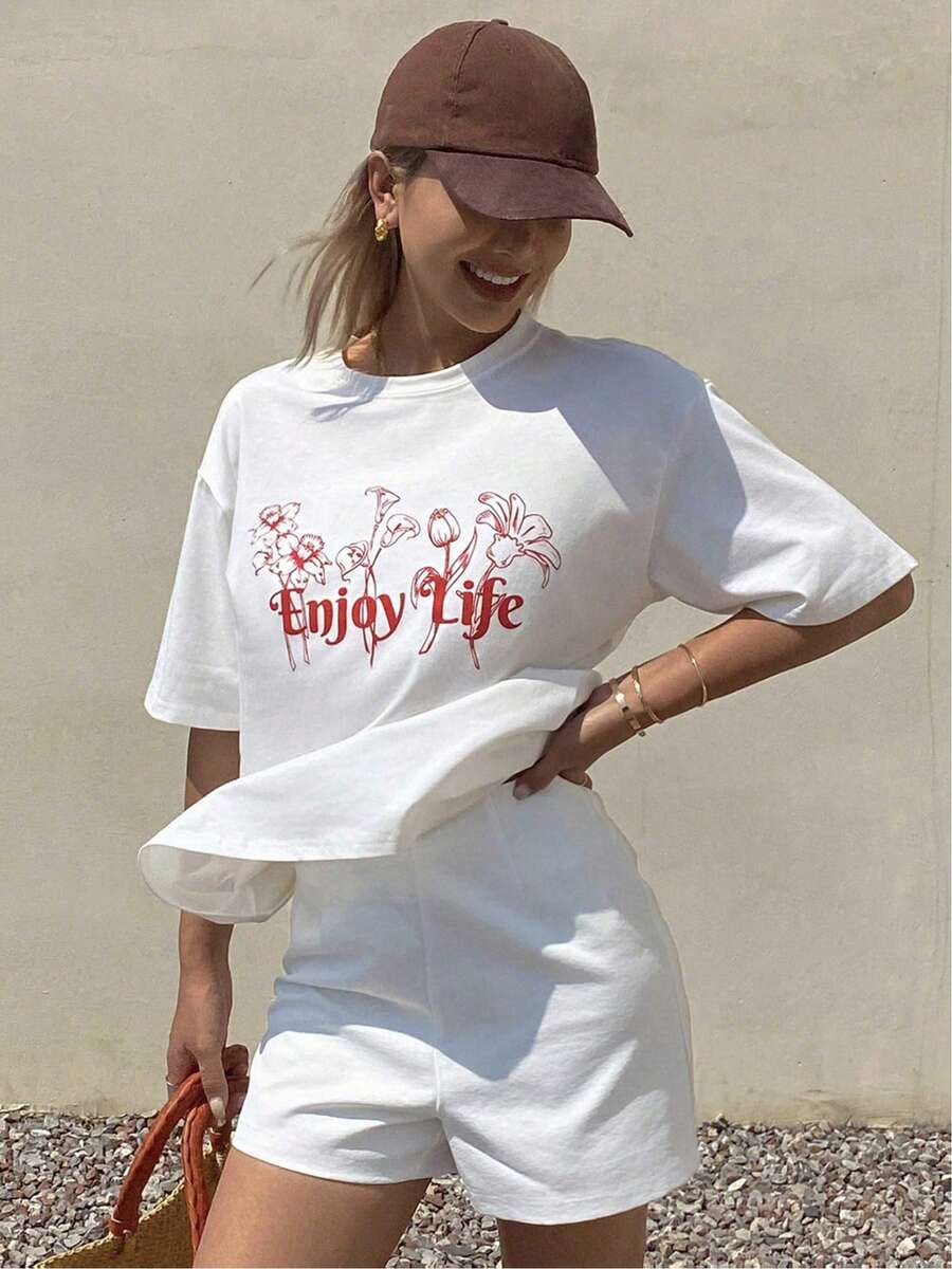 New Spring/Summer 2026 Women's Drop Shoulder Short Sleeve T-Shirt | Creative Illustration With Red Floral "Enjoy Life" Lettering, Comfortable And Delicate S - White - View 1