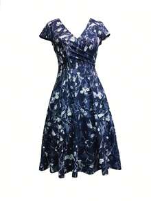 Midi Dress With Pocket And V-Neck, Elegant Floral Print For Spring, Summer And Autumn - Blue - View 5