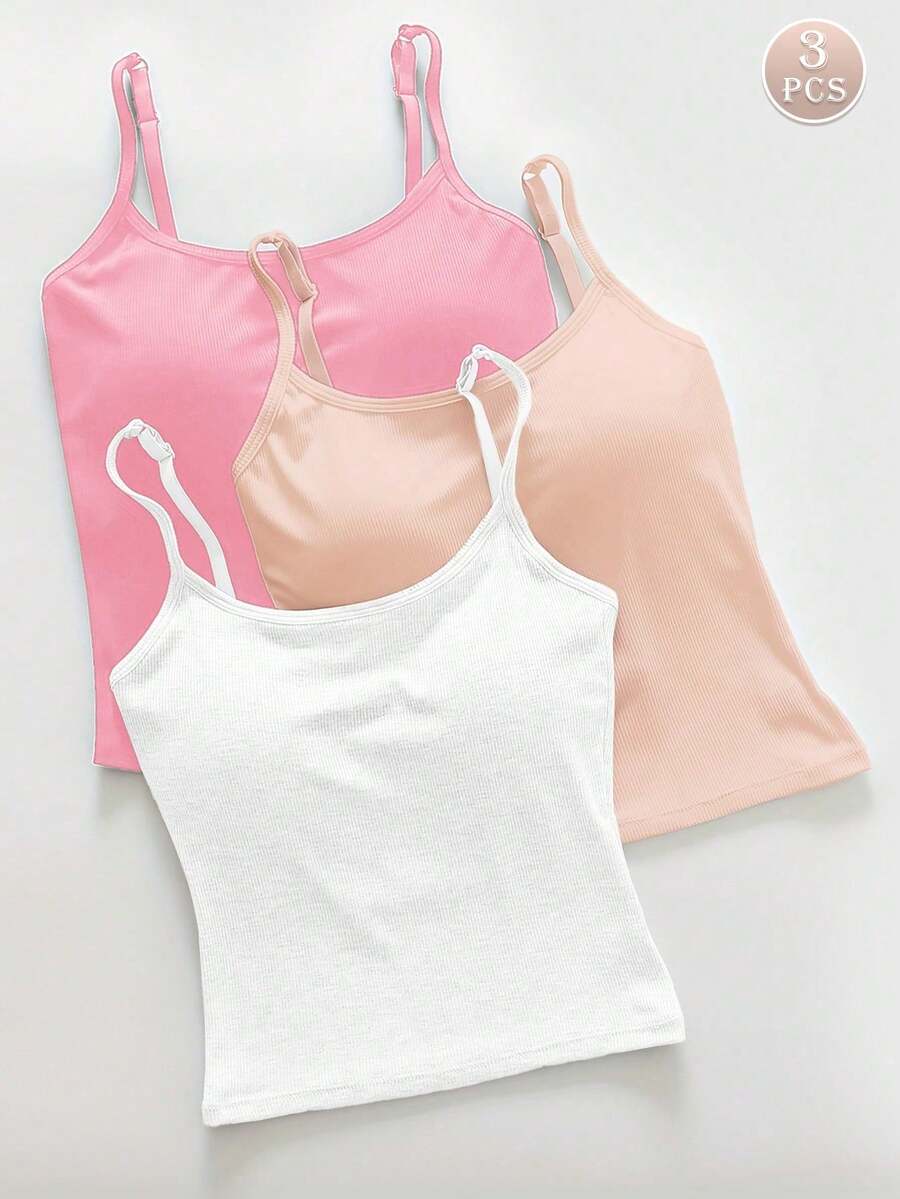 3-Piece Women's Plain Ribbed T-Shirt With Padded Bra, Casual Fitted Crop Top For Exercise - 棕色 - 查看 1