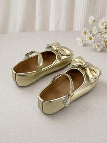 Girls Mary Jane Shoes Buckle Strap Bow Decor Easy Wear Flats - Gold - View 3