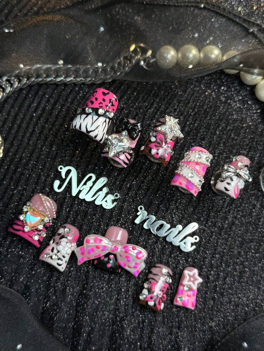 10 piezas de uñas postizas cortas tipo pato totalmente cubiertas hechas a mano, uñas rosas, estilo dulce picante girly punk Y2K, uñas postizas reutilizables con pegamento de gelatina y lima de uñas, adecuadas para festival de música, fiesta de cumpleaños, atuendo casual de calle, estilo diario de chicas