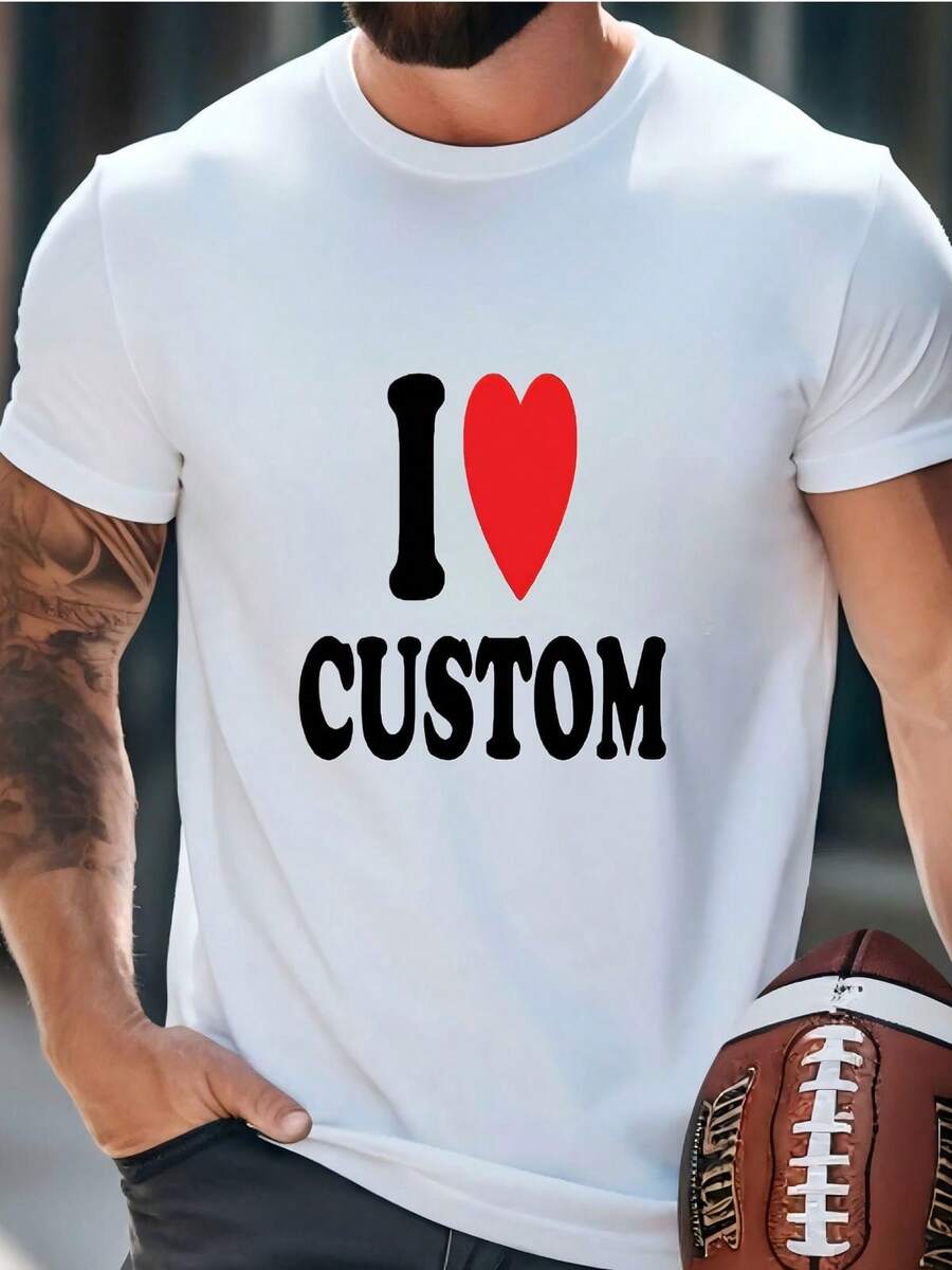Men's Personalized "I Love You" T-Shirt, Classic Heart Design, Crew Neck And Short Sleeves, Casual And Comfortable Summer Fashion, Valentine's Day Gift - 白色 - 查看 1