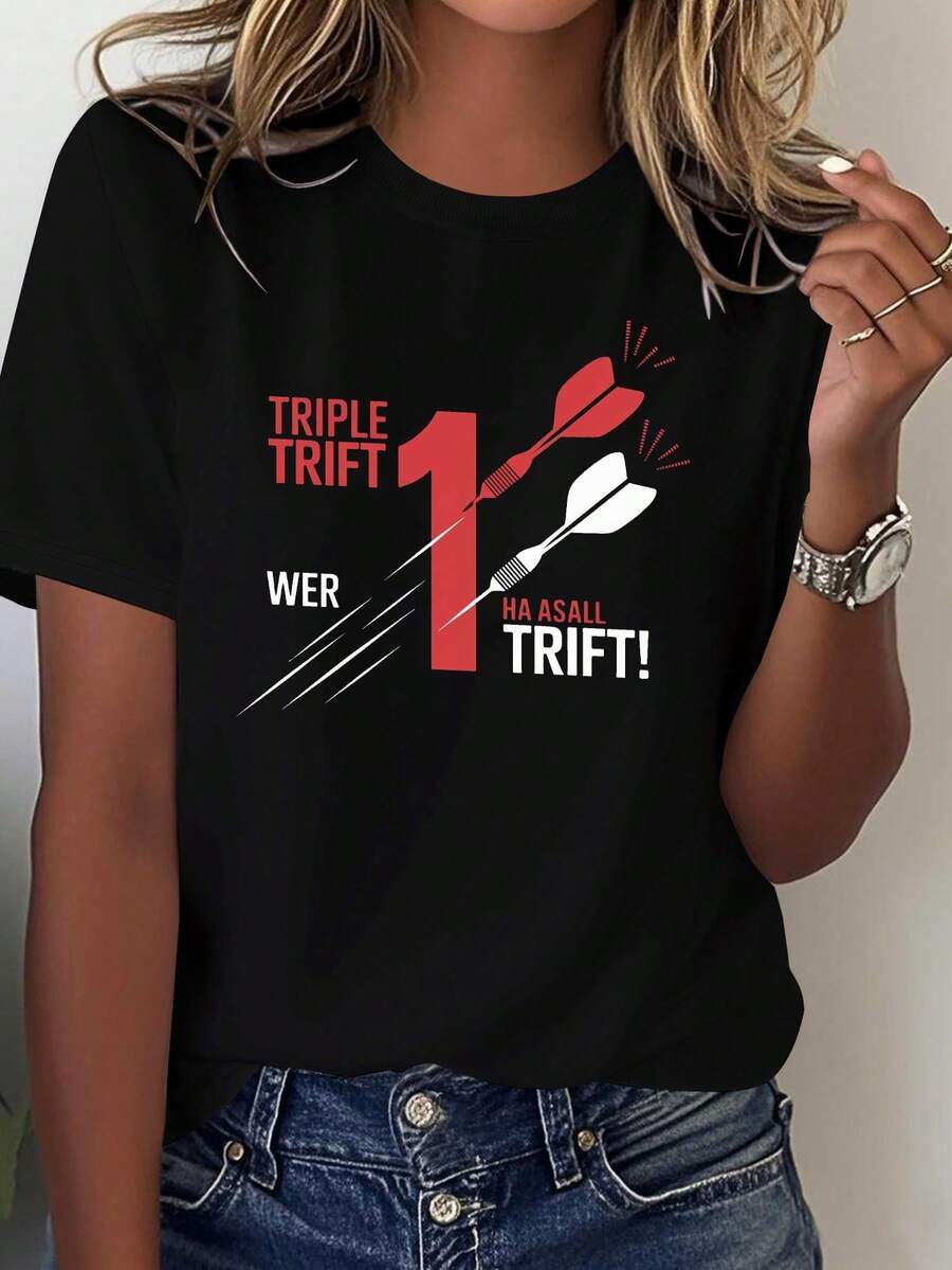 NEW Women's Pure Cotton Printed T-Shirt By Dart Art German Dart Triple Trident, Comfortable, Versatile, Casual, Short Sleeve - Vintage Urban Style, Unisex, Cotton, Short Sleeve - 黑色 - 查看 1