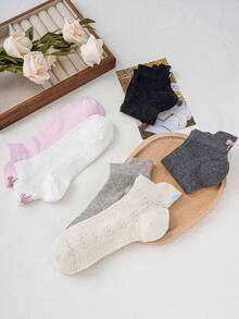 6 Pairs New Spring/Summer Fashion Solid Color Bow Embroidery Print Women's Lightweight Hollow-Out Sweat-Absorbent Random Color Elastic Short Socks, Elegant Versatile Breathable Durable - Multicolor - View 6