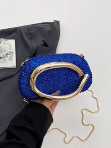 Women's Rhinestone Rounded Rectangular Evening Clutch, Front Curved Oval Handle Handbag, Fashion Crossbody Bag, Suitable For Wedding, Ball, Valentine's Day Party - Blue - View 4