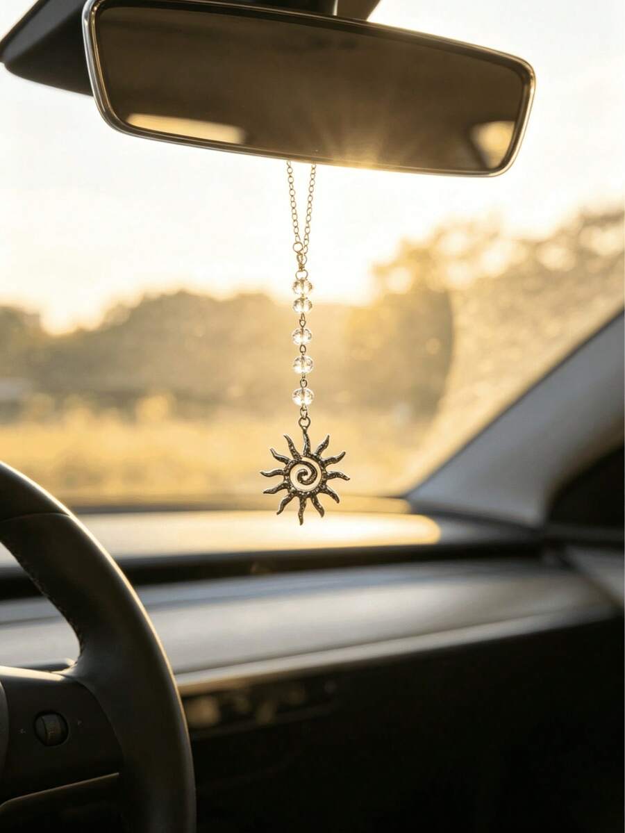 1 pieza Adorno colgante para espejo retrovisor de coche con forma de sol espiral estilo bohemio, cadena de cuentas de cristal transparente, colgante decorativo de moda para interior de vehículo - A - Ver 1