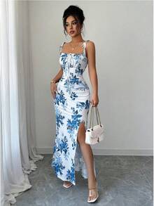 Women's Floral Mermaid Maxi Dress With Thin Straps And Bow, Square Neck, Ruched, Bodycon, For Wedding Guests, Beach Vacations And Date Nights. - 淺色水洗藍 - 查看 3