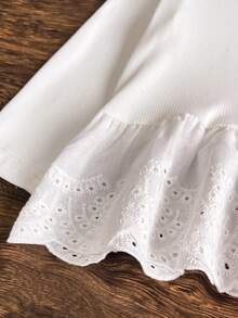 Baby Girl Spring/Autumn Casual Fashion 2-Piece Set, Denim Big Bow White Ribbed Lace Ruffle Long Sleeve Top + Butterfly Print Gradient Denim Long Pants - White - View 6