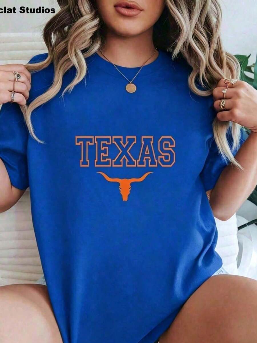 Soft Cotton Summer T-Shirt, Plus Size, Elegant Blouses For Women, Women's Oversized Black T-Shirt With Texas Longhorns Graphic Print, Graphic T-Shirts For Women By U - 藍色 - 查看 1