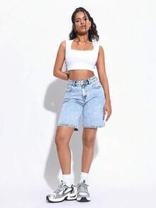PETITE Short bermuda de mezclilla para mujer, de corte holgado y casual, con bolsillos - Verde militar - Ver 2