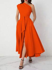 Vestido de mujer de unicolor sin mangas con abertura en el bajo, vestido de verano elegante - Naranja - Ver 1