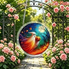 1件 2D平面壓克力材質波希米亞風萬聖節裝飾，貓咪南瓜裝飾，萬聖節黑貓蝙蝠紫色藤蔓掛飾，適用於正門、庭院、牆面與居家裝飾 - A - 查看 2