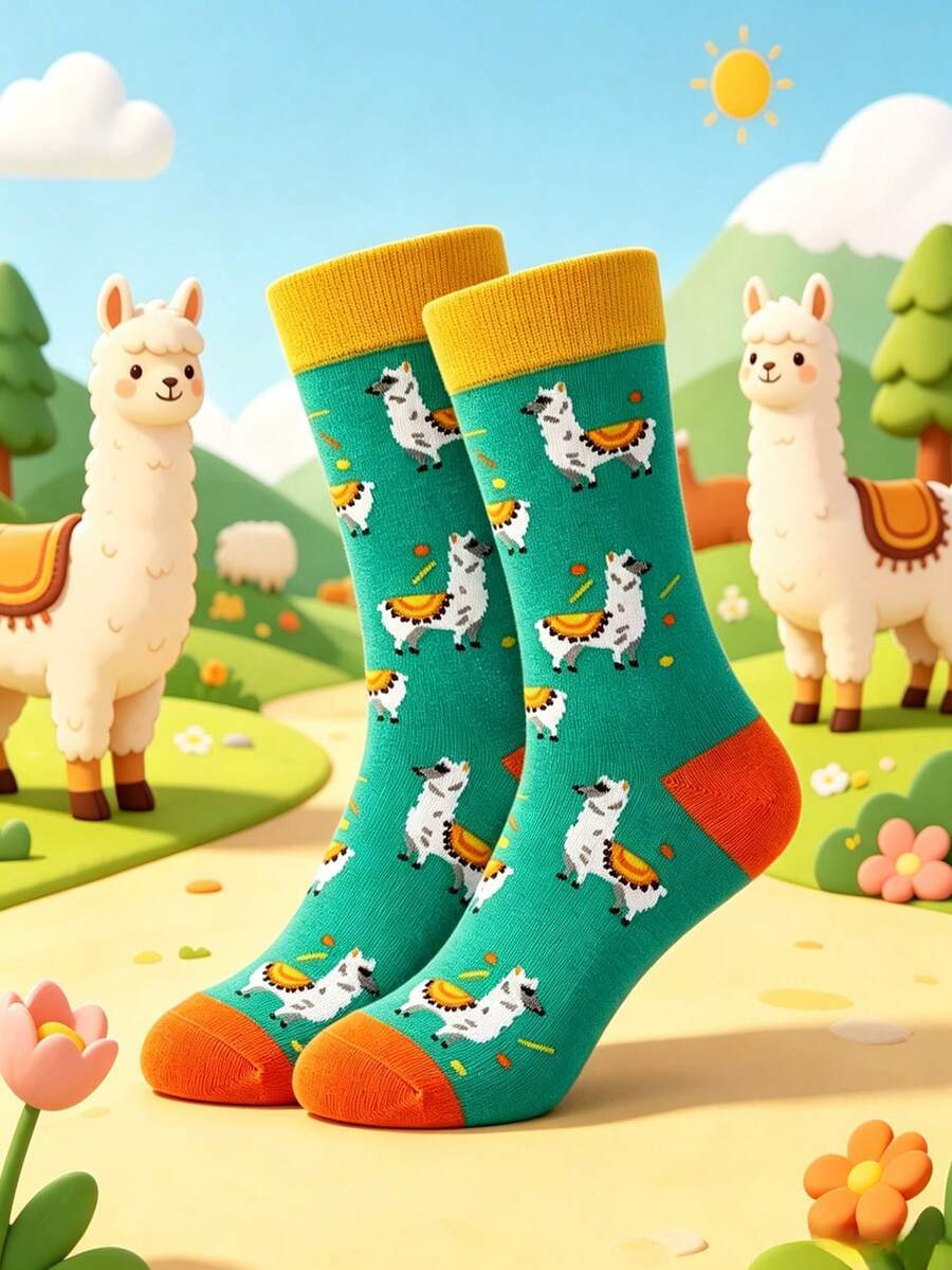1 Pair Men's Alpaca Mid-Calf Socks, Cute Cartoon Llama Pattern, Autumn Winter Warm Daily Casual Socks, Ideal Gift For Llama & Animal Lovers - Multicolor - View 1