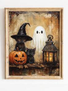 1pc Canvas Wall Art With Frame, Vintage Halloween Theme, Black Cat, Witch Hat, Cute Ghost, Pumpkin Lantern, Glowing Lantern Pattern, Country Style Oil Painting, Pastoral Dark Academia Aesthetic, Suitable For Modern Home Decor, Room Decoration - Black Cat Ghost - View 2
