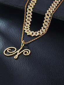 1pc Elegant Shiny Cursive Letter Pendant Necklace, Designed For Men, Combines Fashion And Luxury, Suitable For Parties, Banquets, Holiday Celebrations, Christmas And Other Occasions, Also Can Be Worn As Daily Wear Gift Jewelry, Versatile And Tasteful - Double-layered Hip-hop Letter Necklace - View 1