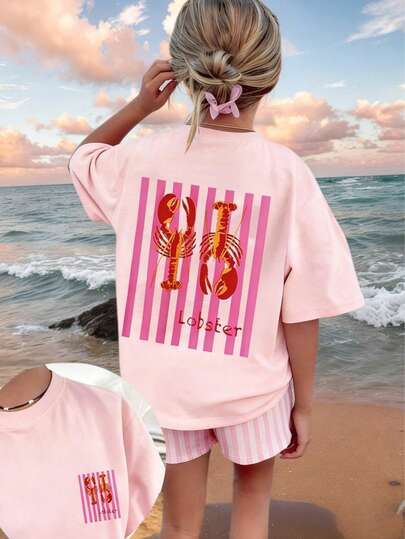 1 stuk Tween meisjes T-shirt met tropische kreeftenprint en korte mouwen, kleding voor studenten en jongeren, geschikt voor spelen op het strand