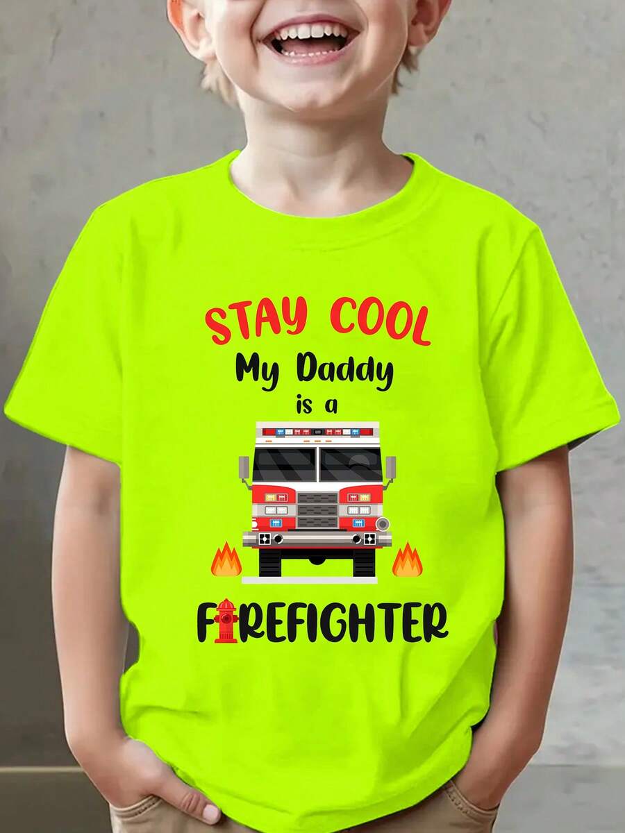 Summer Fashion Short Sleeve T-Shirt For Kids "STAY COOL My Daddy Is A FIREFIGHTER" With Fire Truck Cartoon Print, Casual Outdoor Top NY-DX9673 - 粉色 - 查看 1