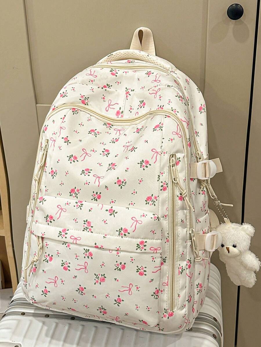 新款青少年女孩後背包,時尚花卉款大容量百搭學生包,可愛大學校園書包 - 深粉紅色 - 查看 1