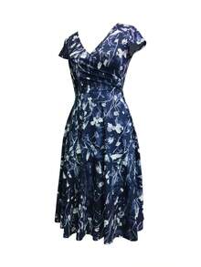 Midi Dress With Pocket And V-Neck, Elegant Floral Print For Spring, Summer And Autumn - Blue - View 4