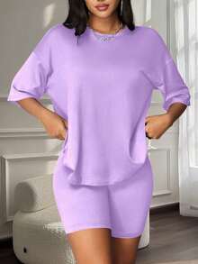 Casual Round Neck T-Shirt & Shorts Set For Home - Mauve Purple - View 4