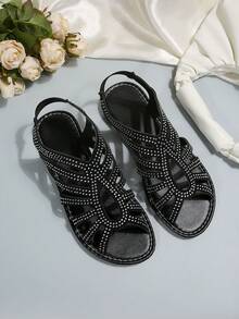 Classic Black Multi-Strap Hollow Rhinestone Flat Sandals, Vintage Roman Elastic Ankle Strap Design,Ersatile Footwear For Commute, Beach And Party - Black - View 7