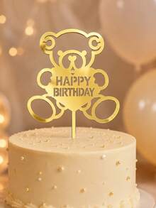 3PCS Gold Mirror Teddy Bear Happy Birthday PMMA Cake Topper, Acrylic Bear Birthday Cake Decoration For Kids Party, Baby Birthday, Dessert Table And Baking Supplies - A - View 1