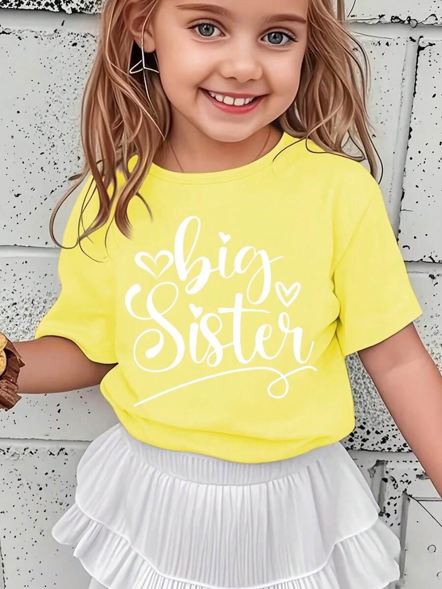 Simple, Comfortable And Sweet T-Shirt For Girls With A "Big Sister" Letter Print. - 黃色 - 查看 1