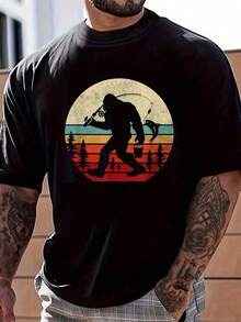 100%  Bigfoot Fishing Shirt Funny Retro Sasquatch Dad Men T-Shirt Men's Classic Summer Vacation T-Shirt Black Crew Neck Tee - Svart - Visa 1