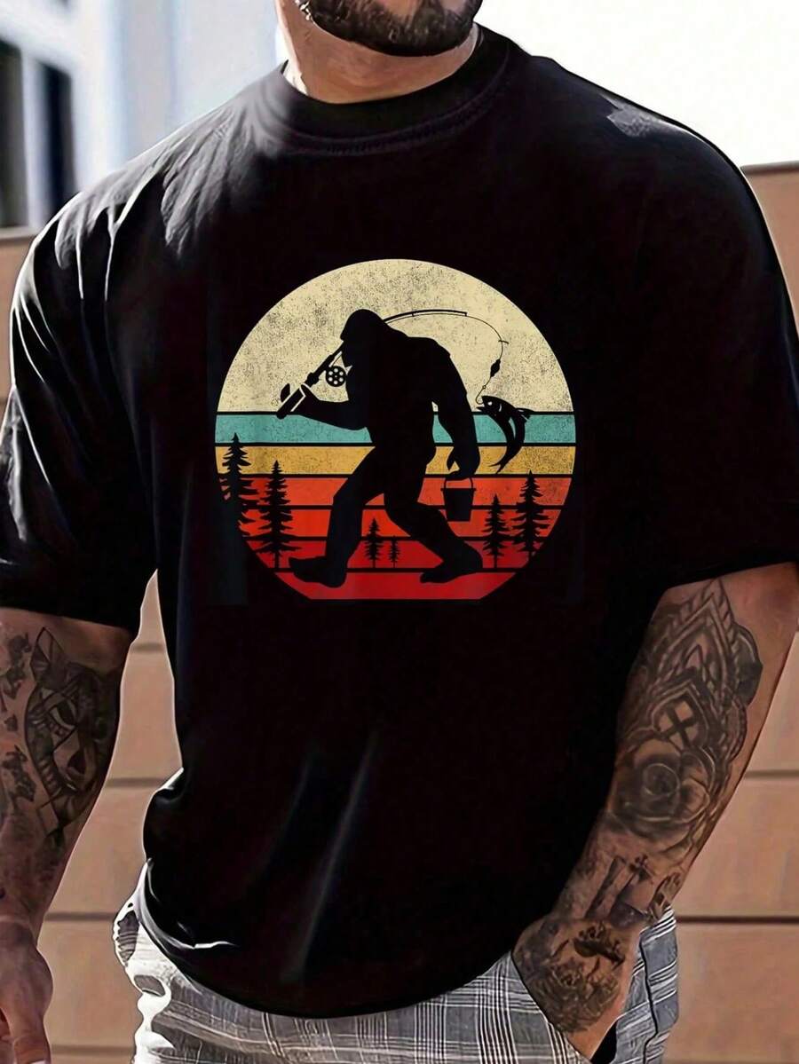 100% Bigfoot Fishing Shirt Funny Retro Sasquatch Dad Men T-Shirt Men's Classic Summer Vacation T-Shirt Black Crew Neck Tee - Svart - Visa 1