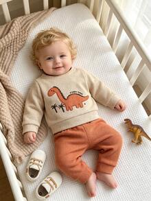 2 Stücke/Set Baby Jungen Mode Lässig Set aus Dinosaurier besticktem Waffel Rundhals Langarm Top und einfarbiger Hose, Frühjahr Herbst - Braun - Übersicht 1
