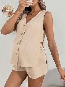 Set casual de 2 piezas de top con escote en V y botones delanteros con abertura y shorts para maternidad - Caqui - Ver 2