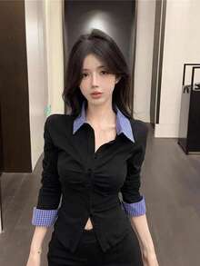 Collegiate Style Polo Collar Cardigan Long Sleeve Top, Waist Gathered Pleated Contrast Plaid, Suitable For Early Autumn Casual Spring Black - Black - View 1