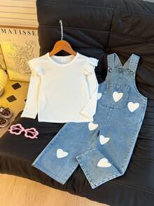 1pc Summer Girls Casual Fashion Heart Print Overalls + Ribbed Ruffle White Top 2pcs Set Suitable For Daily Outdoor Commute School Vacation Street - White - View 3