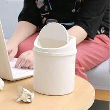 1pc Portable Desktop Trash Can With Lid, Space-Saving Flip Top Design, Durable Plastic Material, Suitable For Home, Office, Kitchen, Bathroom, Bedroom, Small Space Essential, Small Cylindrical Easy To Clean Trash Bin, Portable Workspace Waste Bin - B-Pink - View 3