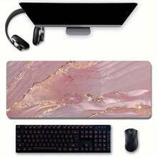 Pink Marble Pattern Gaming Mouse Pad, Gold Extended Desk Mat, Stitched Edge Design, Non-Slip Rubber Base, Suitable For Home Office Decor, Size 35.4x15.7 Inches, Ideal Gift For Men, Women, Friends, And Back To School Season. Gaming Mouse Pad, Desk Accessories, Office Supplies, Desk Accessories, Desk Mouse Pad. - Pink - View 5