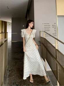 Women Long Dresses - White Polka Dots - View 6